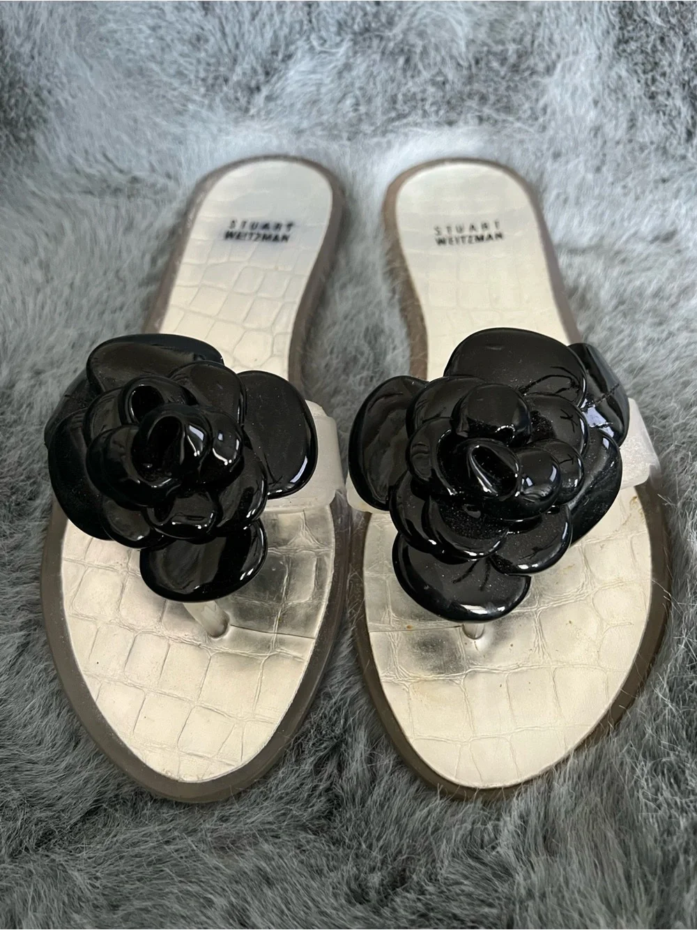 Stuart Weitzman Black Floral Appliqué Slide Sandals